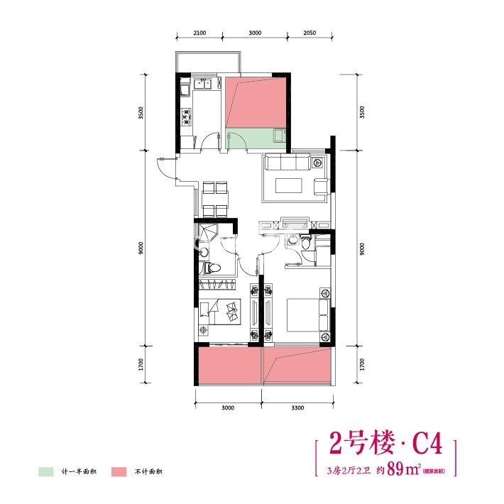 世茂之西湖2号楼C4户型 89㎡ 