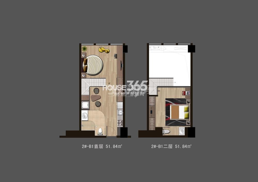 华元西溪欢乐城2号楼B1户型51.84方户型图