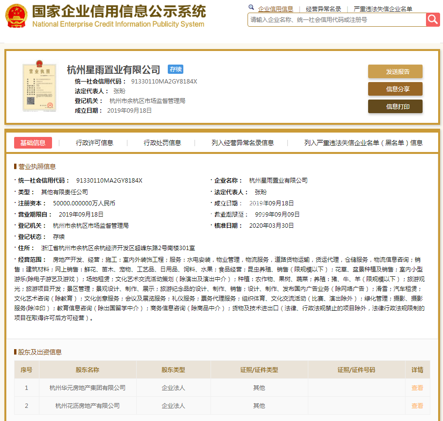 杭州星雨置业有限公司（杭辰星万里）营业执照