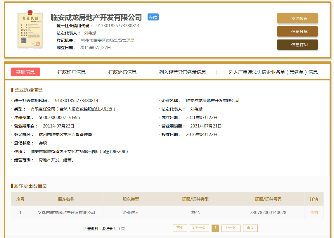 临安成龙房地产开发有限公司营业执照信息