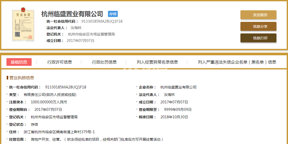 杭州临盛置业有限公司营业执照信息