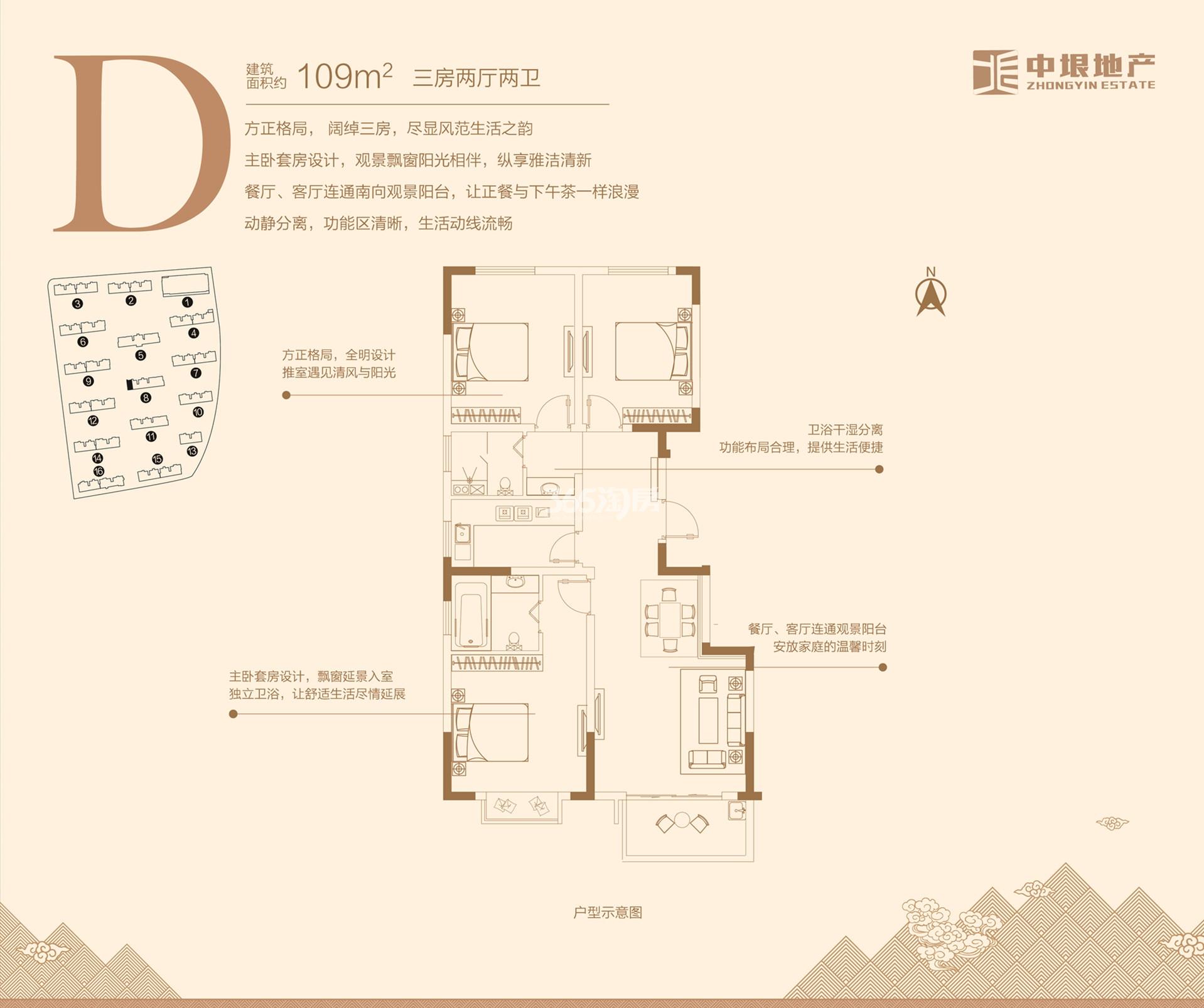 中垠紫金观邸D户型图约109㎡