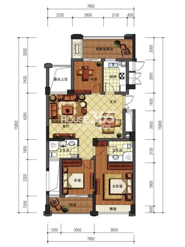 金色时代C户型3室2厅2卫1厨 113.00㎡