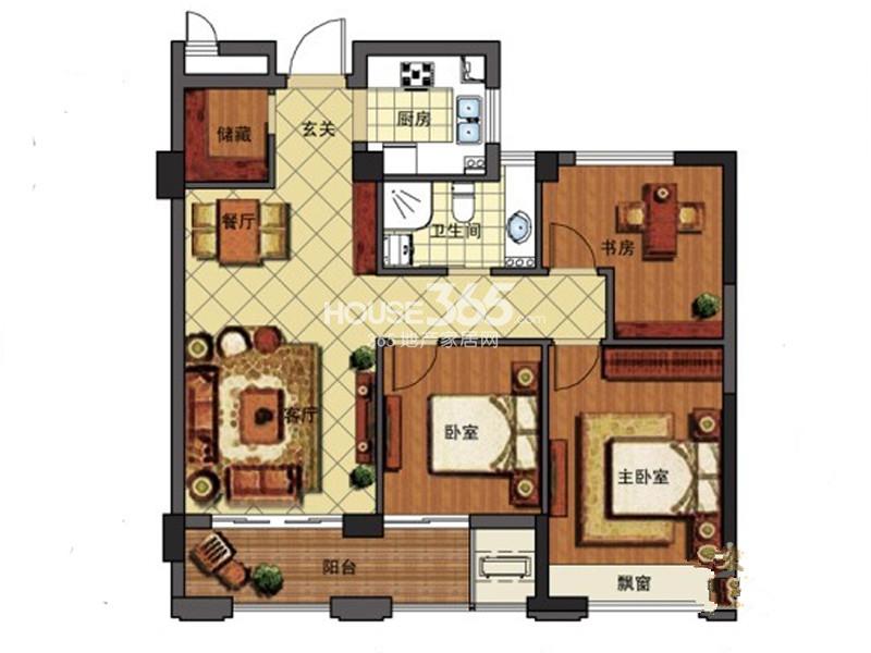 金色时代B户型3室3厅1卫1厨 107.00㎡