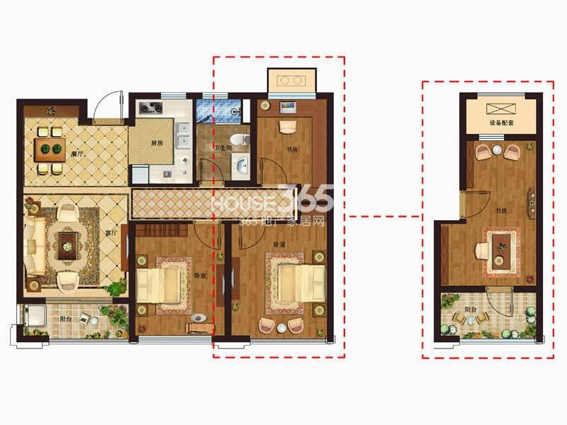 九龙仓碧玺玺悦公馆5号楼A4户型3室2厅1卫1厨 82.00㎡