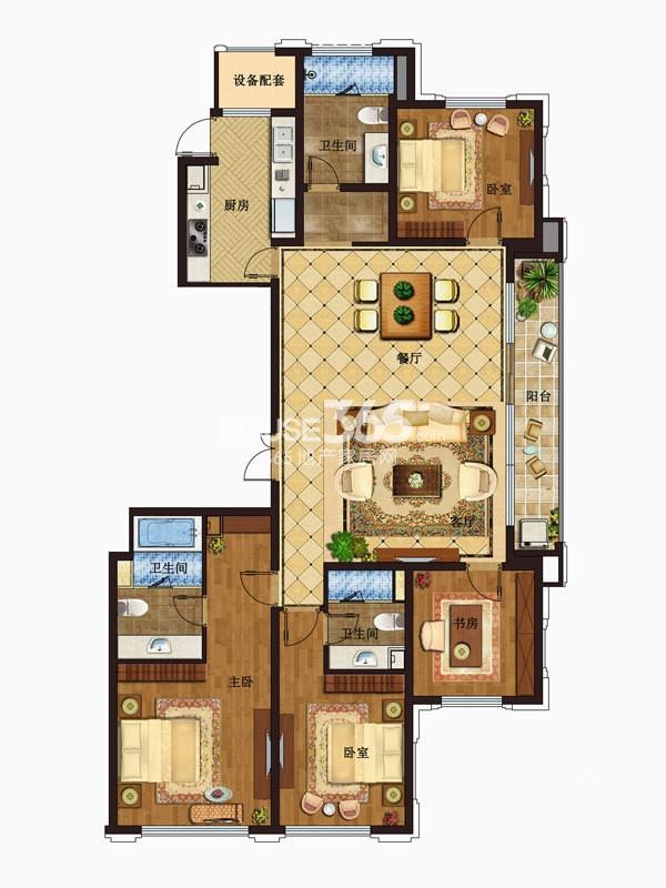 九龙仓碧玺玺悦公馆5号楼E2户型4室2厅3卫1厨 187.00㎡
