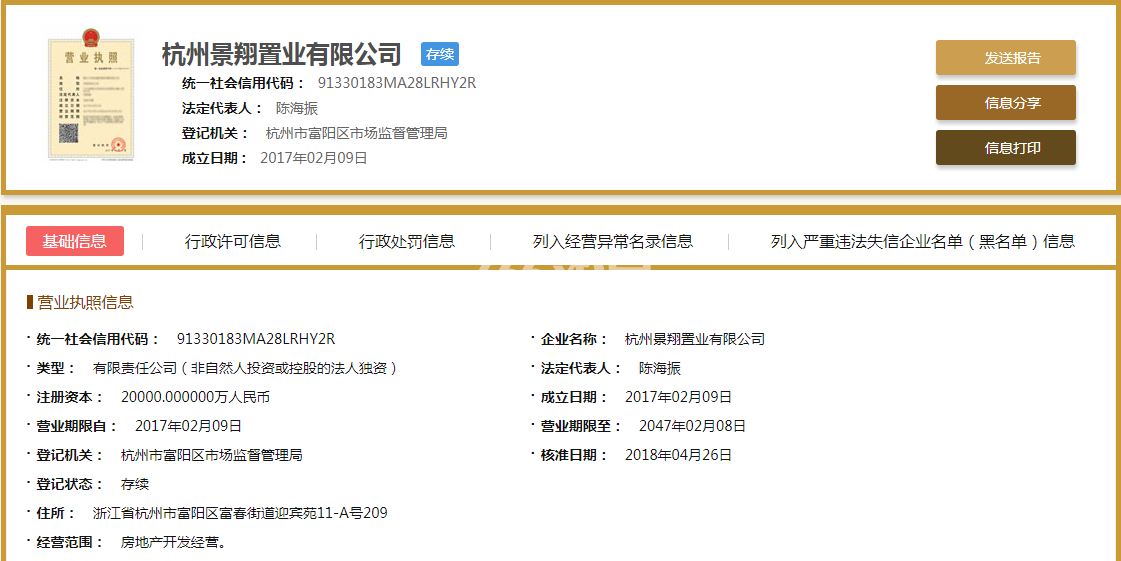杭州景翔置业有限公司营业执照信息
