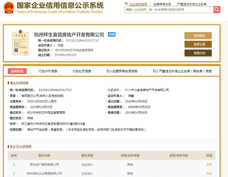 杭州祥生宜信房地产开发有限公司（光合映公寓）营业执照