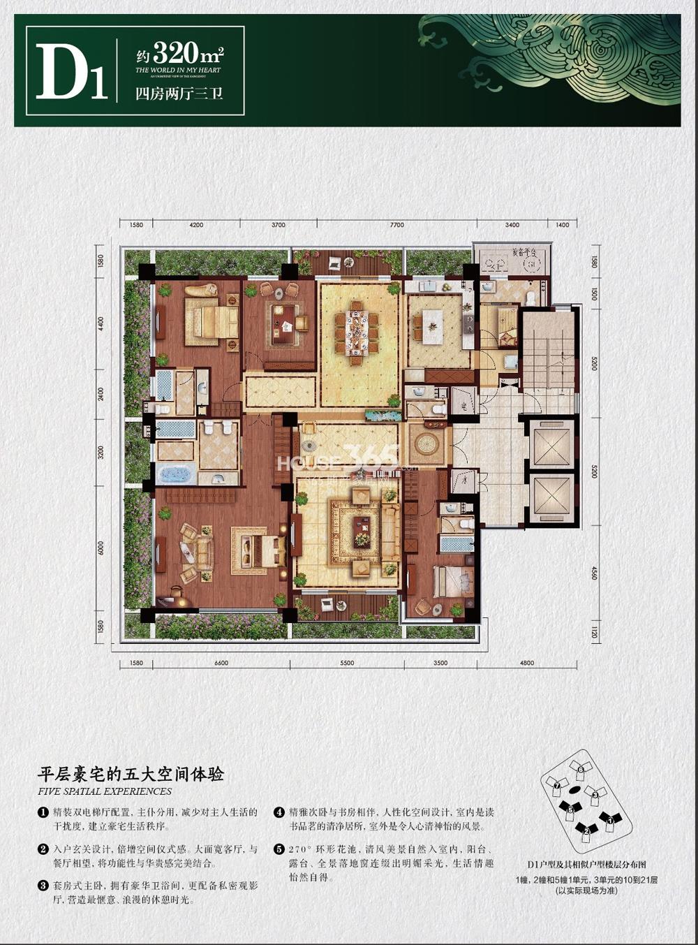 绿城之江1号西区栖云1、2幢和5幢1单元，3单元的10到21层D1户型320方户型图