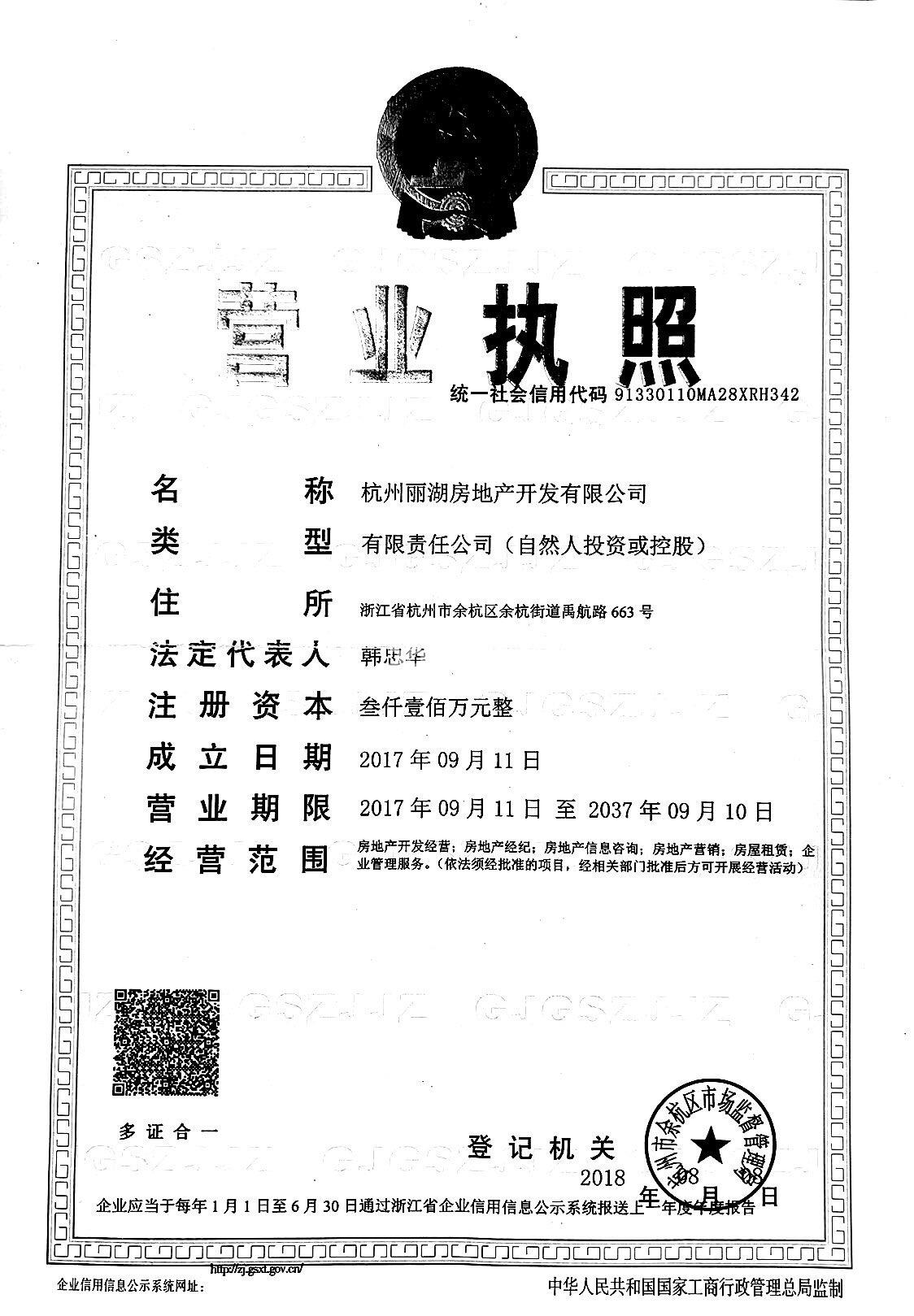 杭州丽湖房地产开发有限公司营业执照信息
