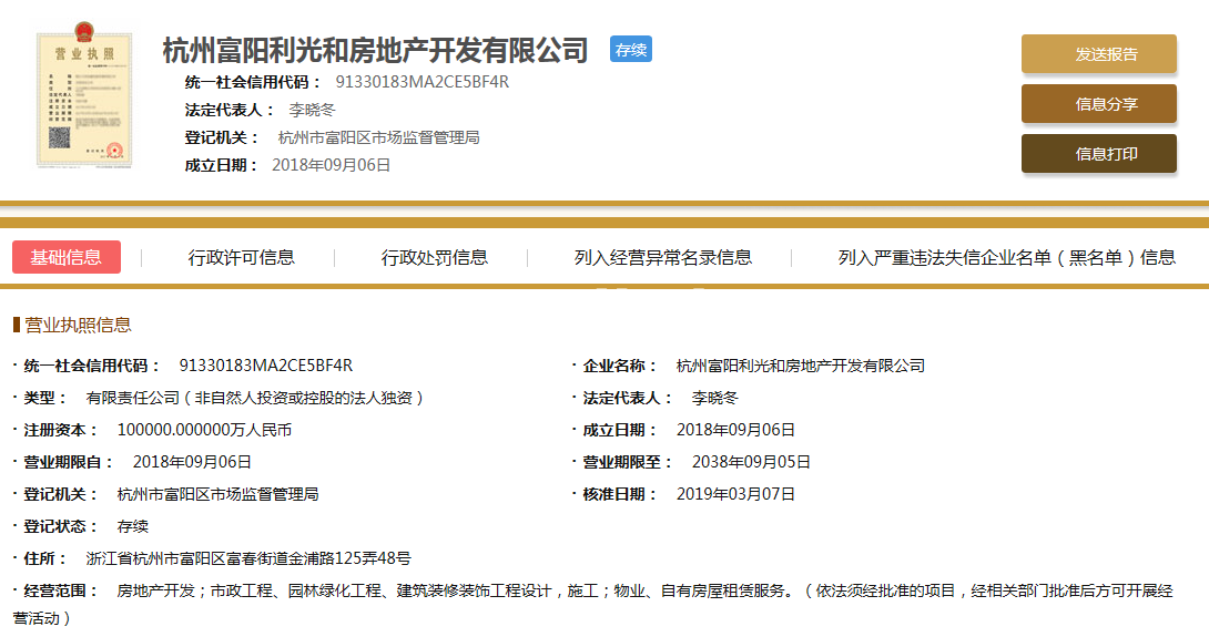 杭州富阳利光和房地产开发有限公司营业执照