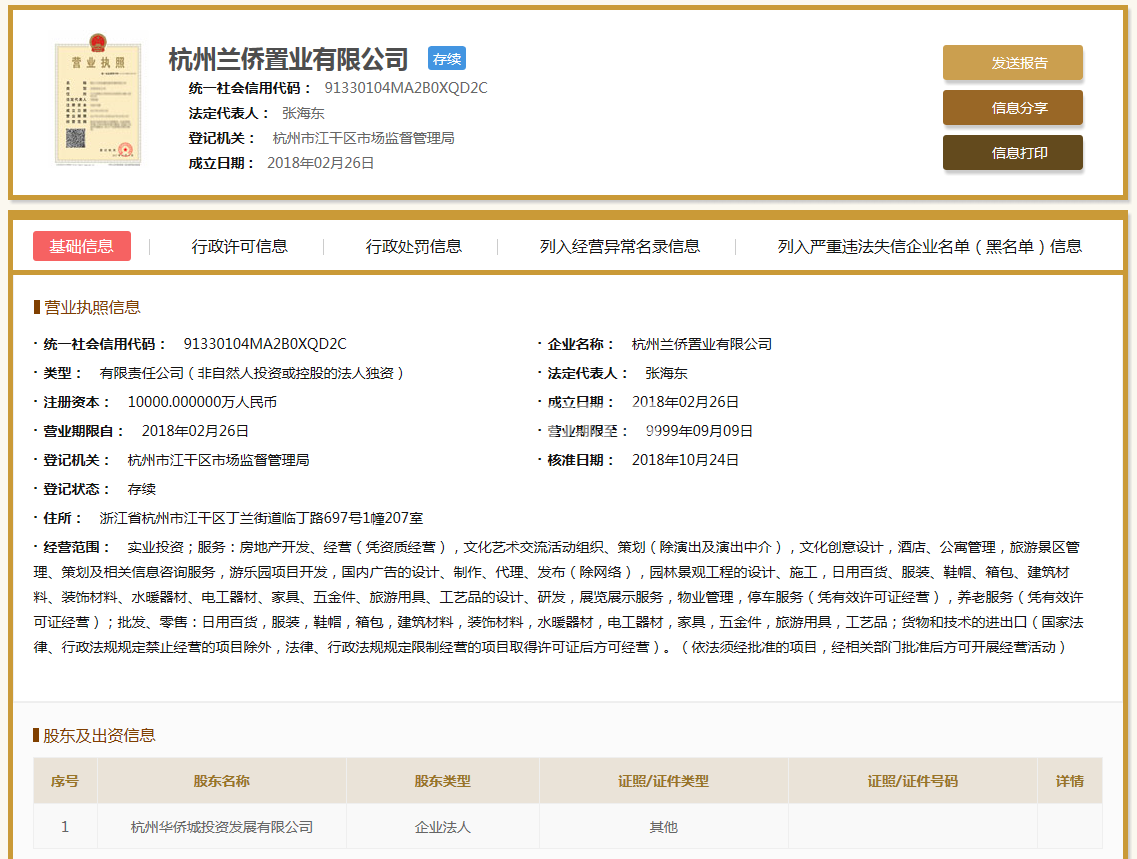 杭州兰侨置业有限公司营业执照信息