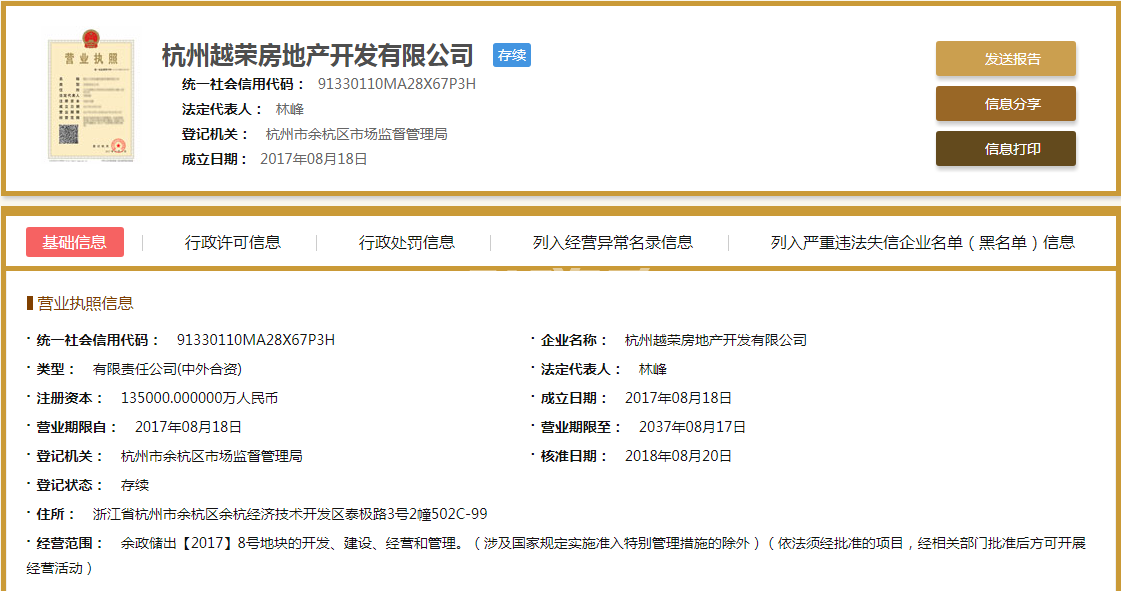 杭州越荣房地产开发有限公司营业执照信息