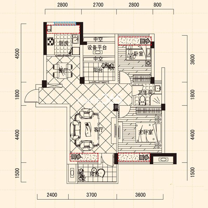 万泰新语第三季户型B2室2厅1卫1厨 89.00㎡