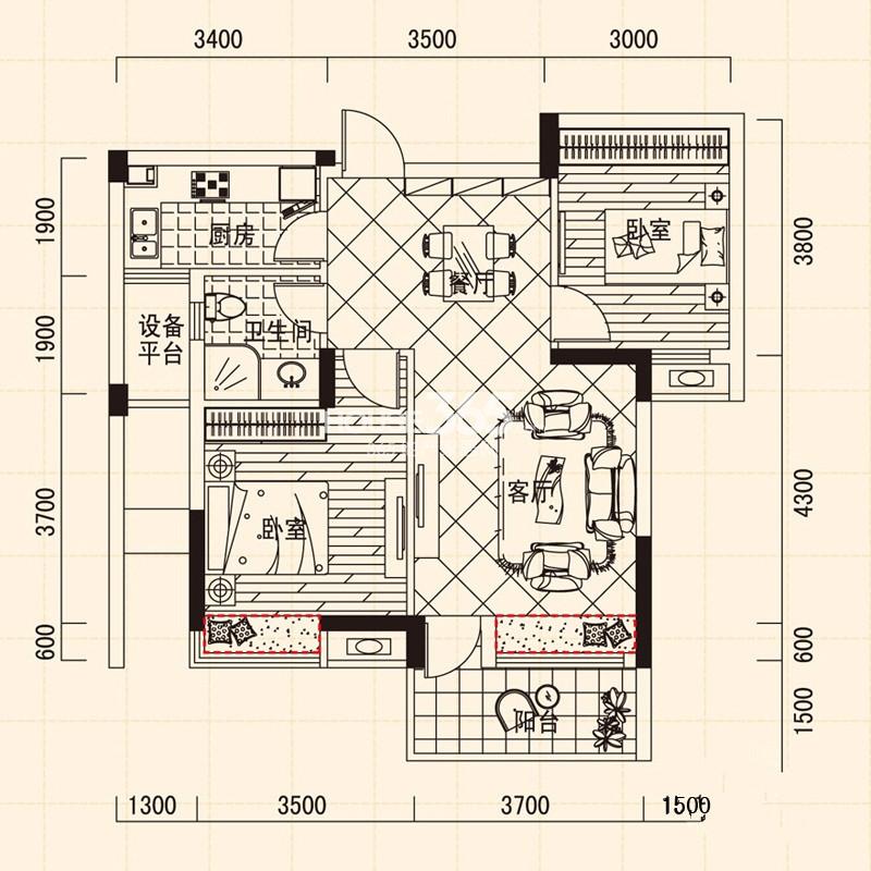 万泰新语第三季户型A2室2厅1卫1厨 85.00㎡