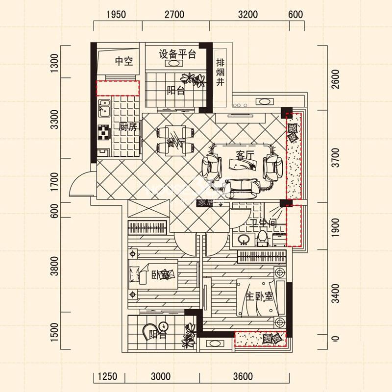 万泰新语第三季户型D2室2厅1卫1厨 86.00㎡
