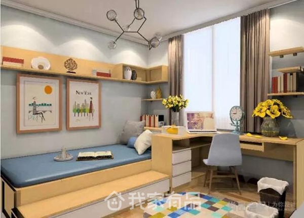 餐厅采用卡座与吊柜组合形式,性价比很高,方便储物也很有情趣;而客厅部分设计师选择的是当下非常流行的北欧风格,万科的地板和门都是浅色,适合北欧简洁时尚感的配合与发挥,原木色与白色相辅相成,加上黄色作为点缀,简约不显得单调,现代感十足。 卧室效果图