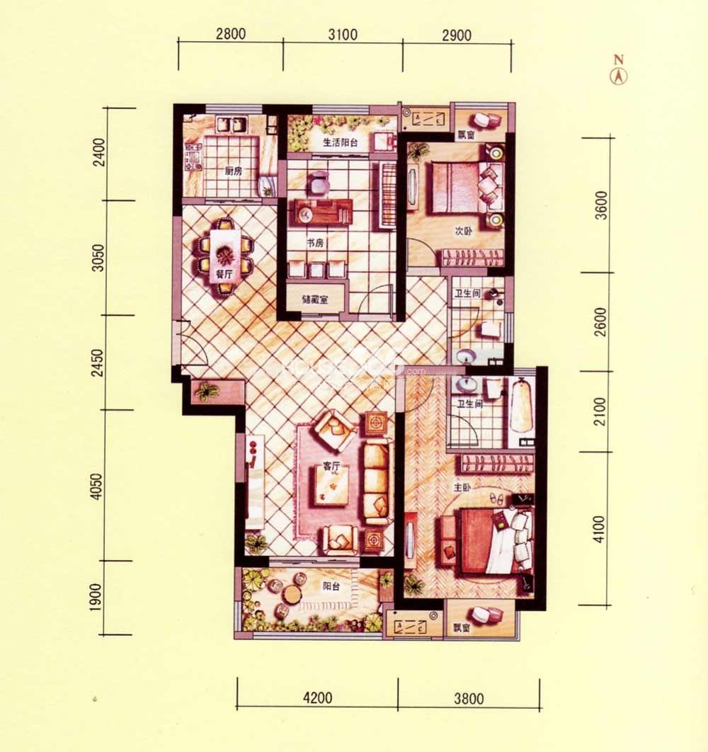 中国铁建梧桐苑l户型 三室两厅一厨两卫 129-132㎡