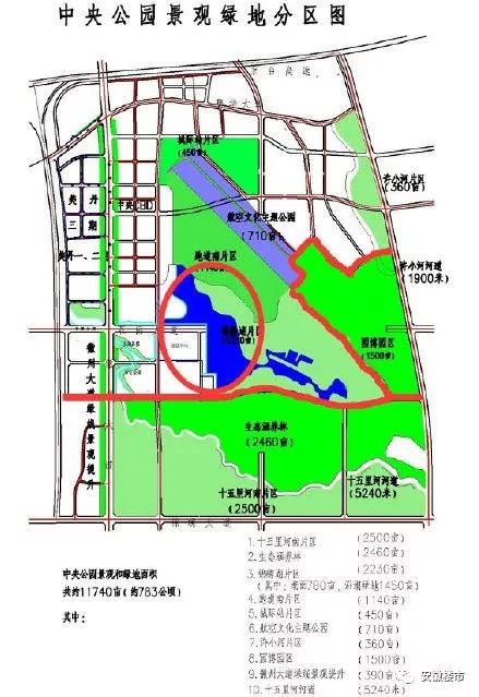 十五里河南片区,分为锦绣湖,生态涵养林,跑道南片区,中央公园景观绿地