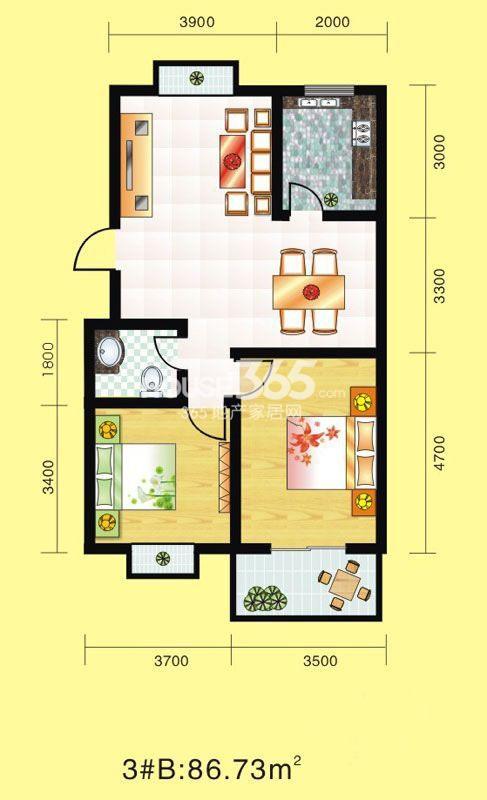 佳信沣园美郡3号楼两室两厅一厨一卫b户型86.73平米