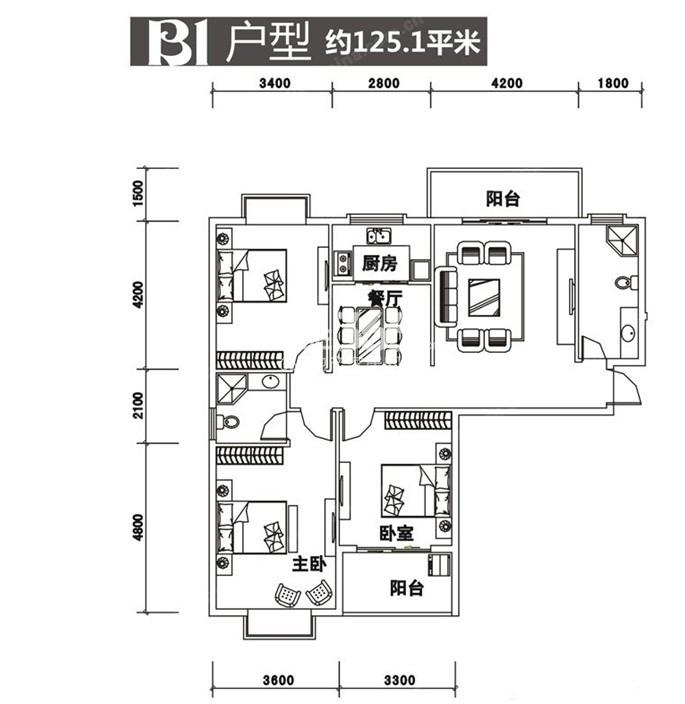 罗马景福城b1户型3室2厅2卫1厨 125.10㎡